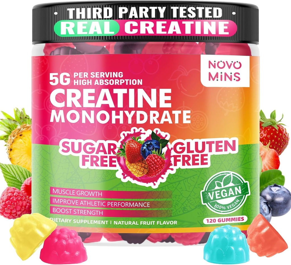 novomins Creatiini Monohydraatti Gummies 5000 mg miehille ja naisille, purukumi Creatiini Monohydraatti lihaksen vahvuus, lihasrakentaja, energia Boost, Pre-Workout täydentää(120 Count)