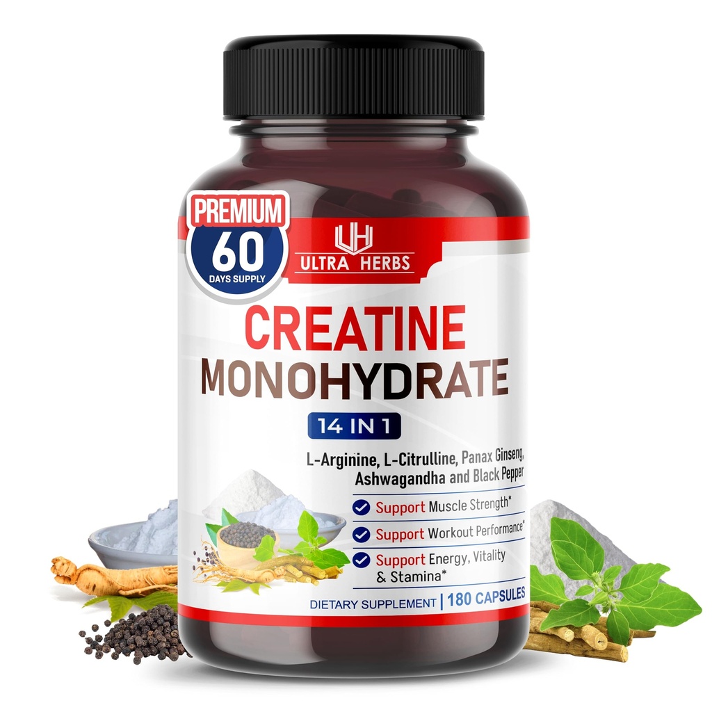 Ultra Kreatinpiller | Kreatinmonohydratkapslar Förbättrad med L-Arginin, L Citrulline, Ginseng | Stamina, energi och muskeltillväxt | 180 kapslar