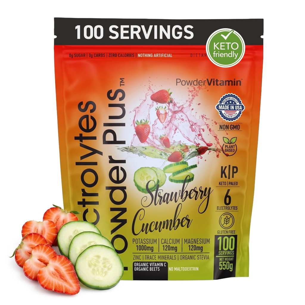 PowderVitamin Elektrolytes Powder Plus (100 Servings) Mansikkakurkku Elektrolyytti Powder Zero Calorie Keto,0Sugar, No Maltodekstriini,1000 mg Kalium,120 mg Kalsium,120 mg Magnesium, hydrausjauhe