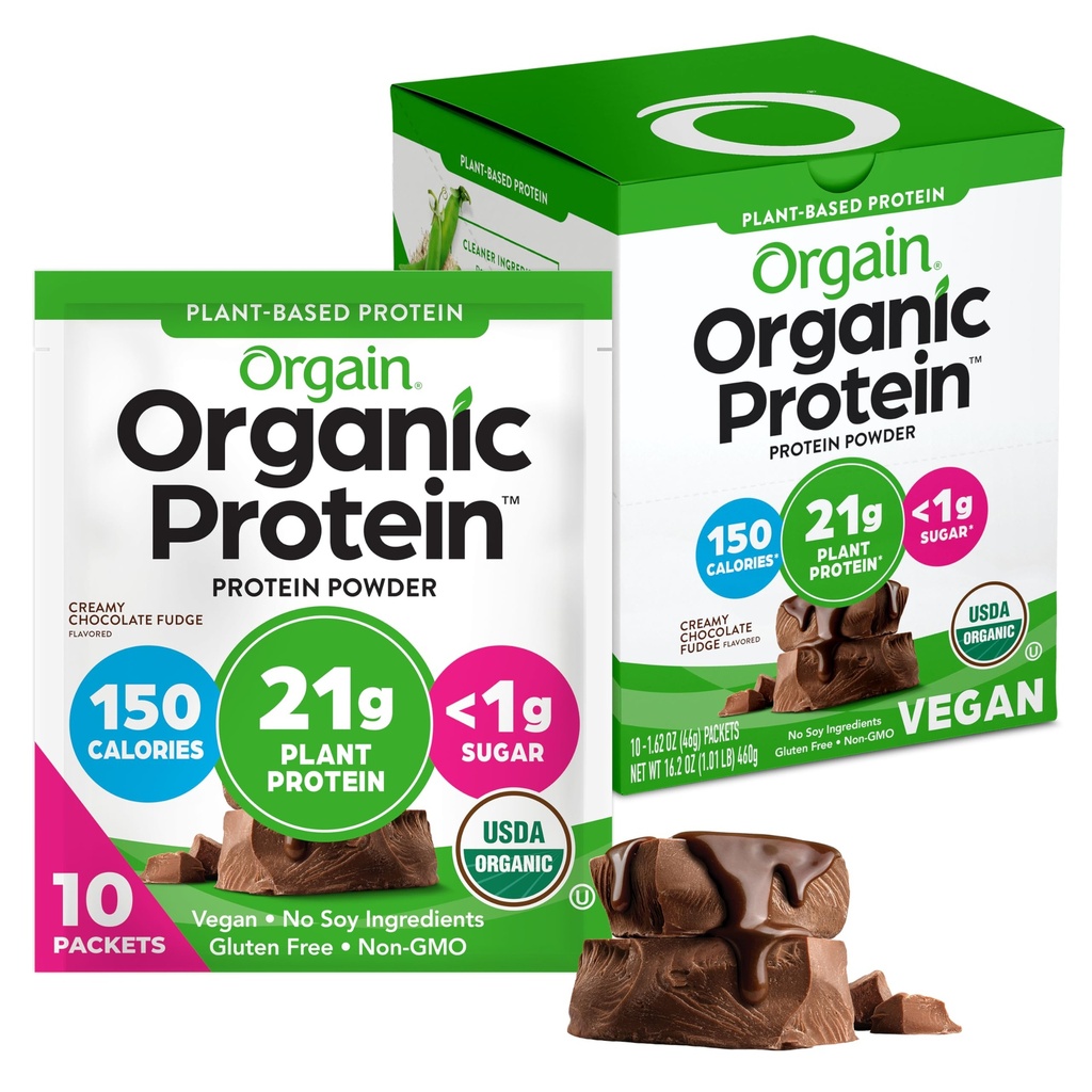 Orgain Organic Vegan Protein Powder, Creamy Chocolate Fudge - 21g Kasviproteiinia, 6g Prebioottikuitua, Low Carb, Ei laktoosia Ainesosat, ei lisättyä sokeria, ei GMO, Shakes & Smoothies, 10 Matkapakkaukset