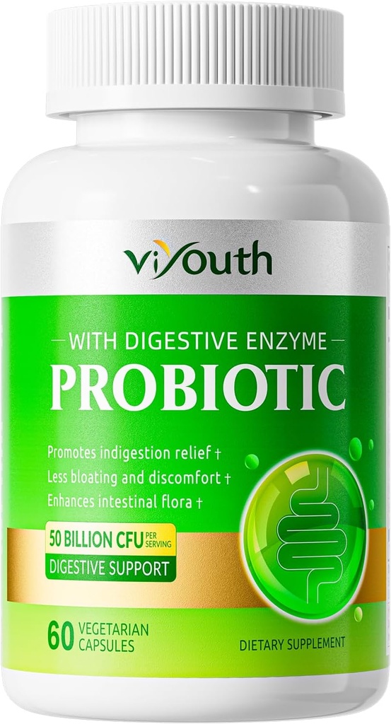 Probiootit naisille ja miehille - Probiootti 50 miljardia PMY 18 kanta & 5 Ruoansulatuskanavan entsyymit Gut Health, Immuuni - Probiootit Kapselit Tukee Gas & Bloating, Natural, non-GMO, Gluteeniton, 60ct