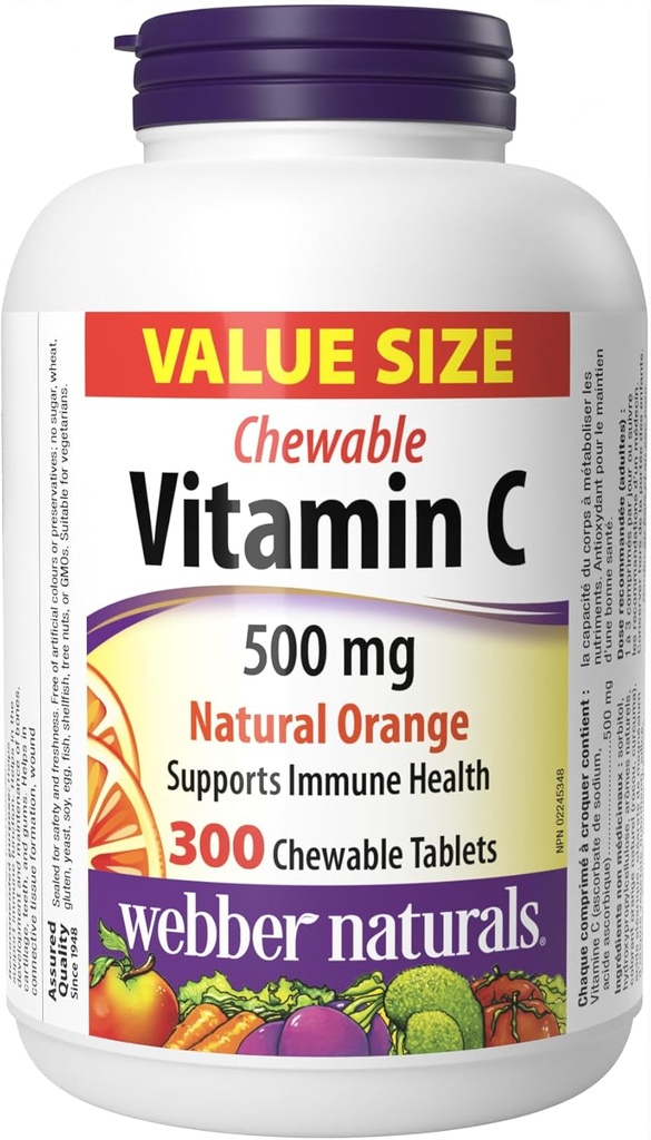 Webber Naturals Vitamin C, 300 Chewable Orange tabletter, 500 mg Vitamin C Per tablett, ben, tänder, immun och antioxidant stöd