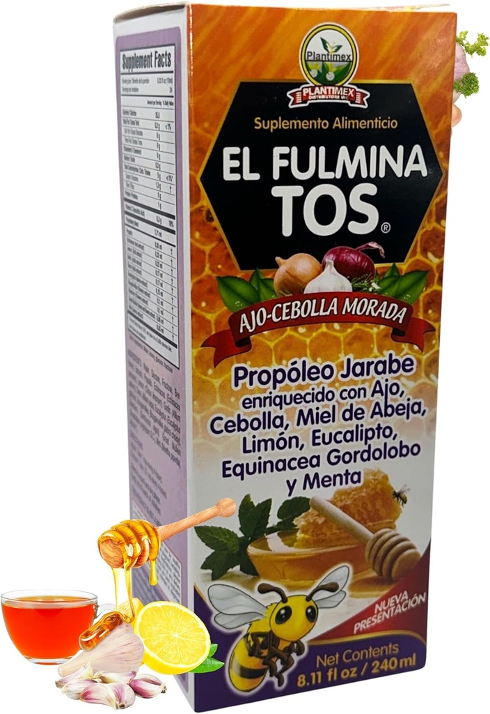 EL FULMINA TOS Propoleo + AJO + CEBOLLA + Miel+Limon+Eucalipto+Equinacea+Gordolobo & Menta (Propolis Syrup W/Garlic ja Sipuli) 8,11 fl oz Ravintolisä Yskä Syrup FULMINA TOS