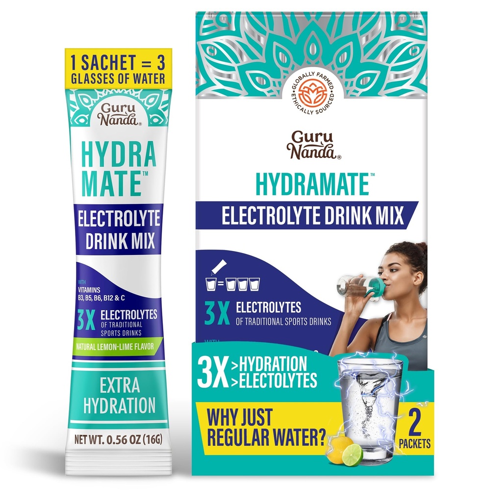GuruNanda Hydramate Hydration Support Drink Mix - Electrolyte Powder Packets för uttorkning, träning och energi - Inga tillsatta sötningsmedel, icke-GMO, Natural Lemon Lime Flavor - 2 Count (0,56 uns vardera)
