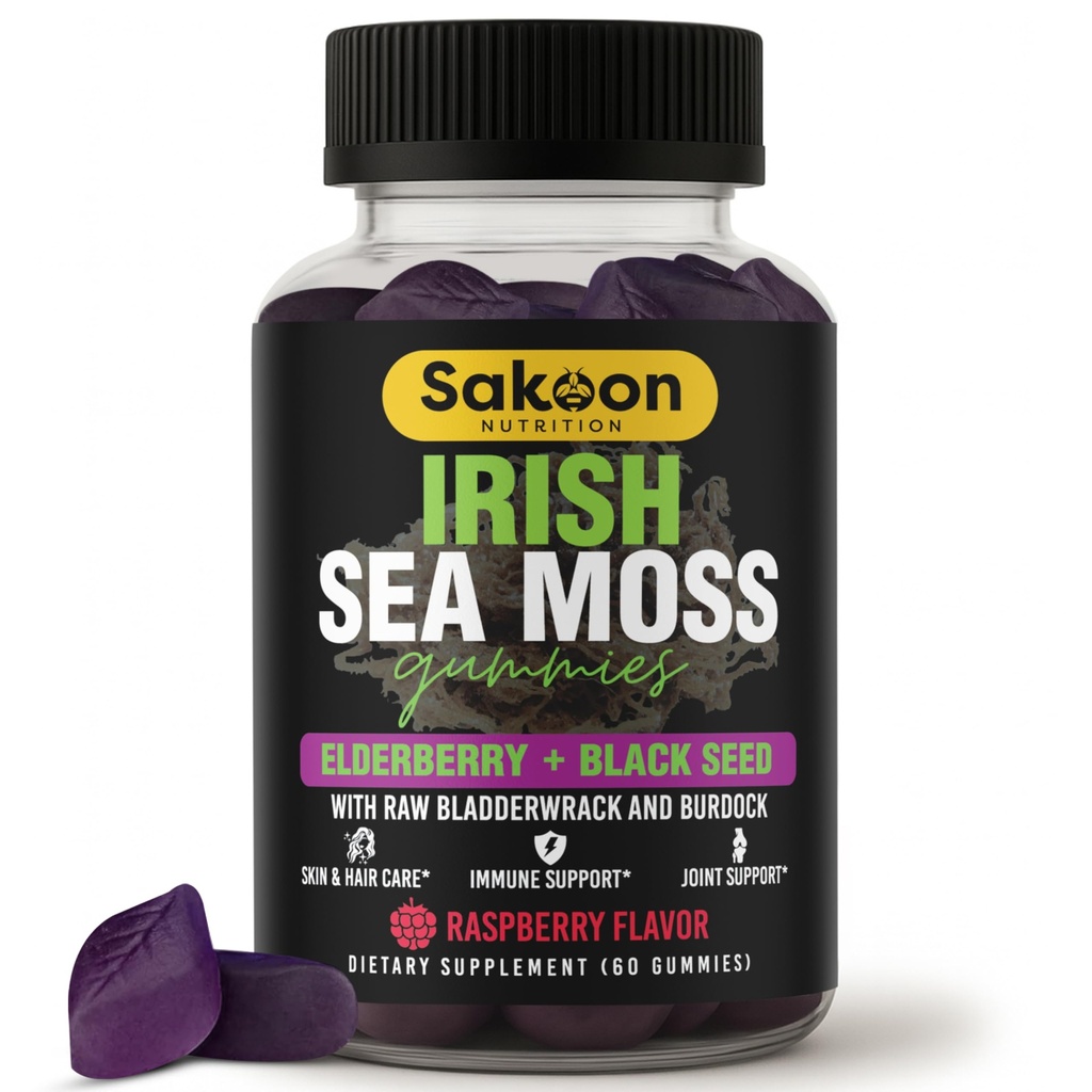 Irish Sea Moss Gummies with Elderberry & Black Seed Oil - Kaikenlainen hyvinvointi Tuki ...Rich in Vitamiinit, Vadelma maku 60 Gummies