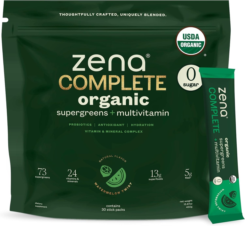 Zena Complete Organic Super Greens Powder & Multivitamin, 90+ Supergreens, Fruits, Veggies, 0 Sugar, 5G Fiber, Pre & Probiotika, Watermelon Citrus Flavor, 30 Packets