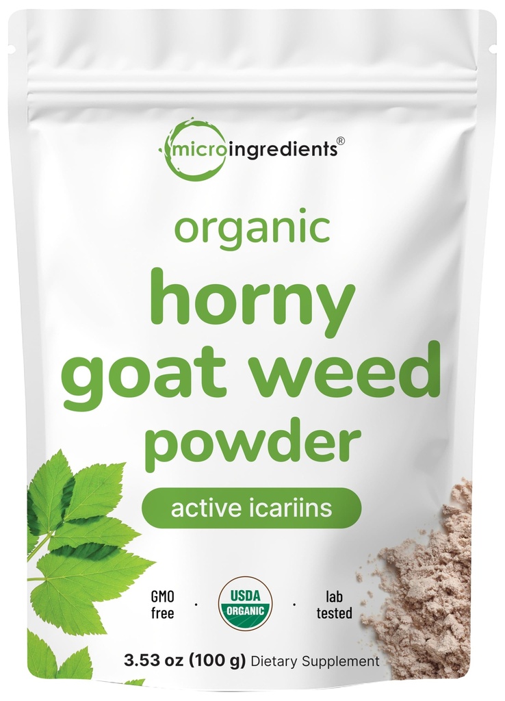 Maximum Strength Organic Pure Horny Goat Weed with Active Icarins for Men and Women, 100 Gram, Organic Epimedium Powder for Energy and Immunomy System Booster, Filler Free and Vegan Friendly