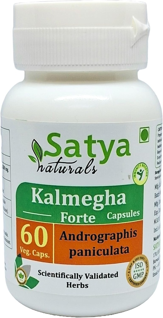 Kalmegha Forte Capsules 500 mg. 60 Veg. Kapseli Kalmegha (Andrographis Paniculata) Pura kapselit miesten ja naisten Ayurvedic Herbal Supplement/Remedies 10:1 Forte (1 pullo 60 kapselia)