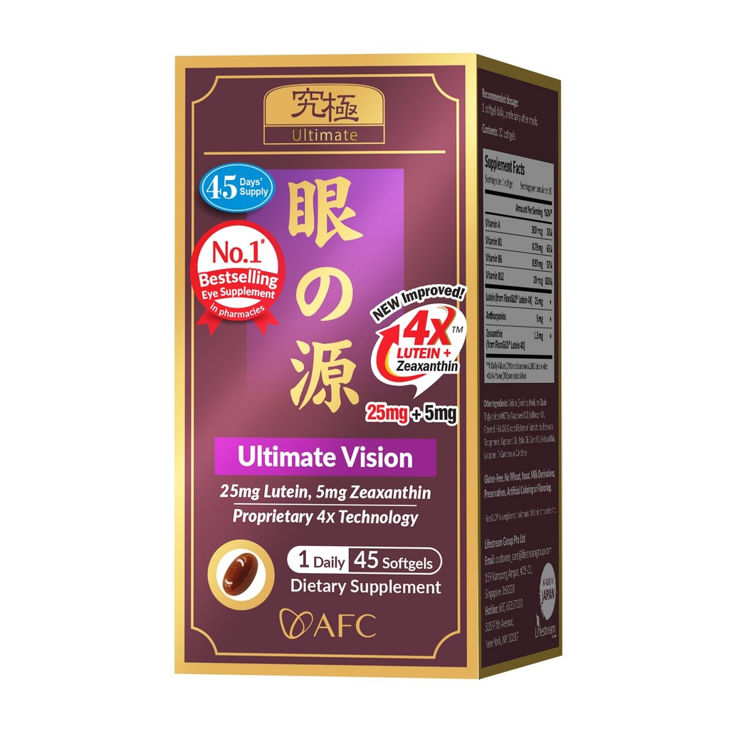 AFC Japan Ultimate Vision 4X - Parannettu, up-Sized Eye Formula Lutein 4X, Zeaksantiini, Mustikkauute ja vitamiineja ikääntymisen aiheuttama silmäongelma, hämärä & huono näkö, kuiva silmä, kyynelterveys 45s