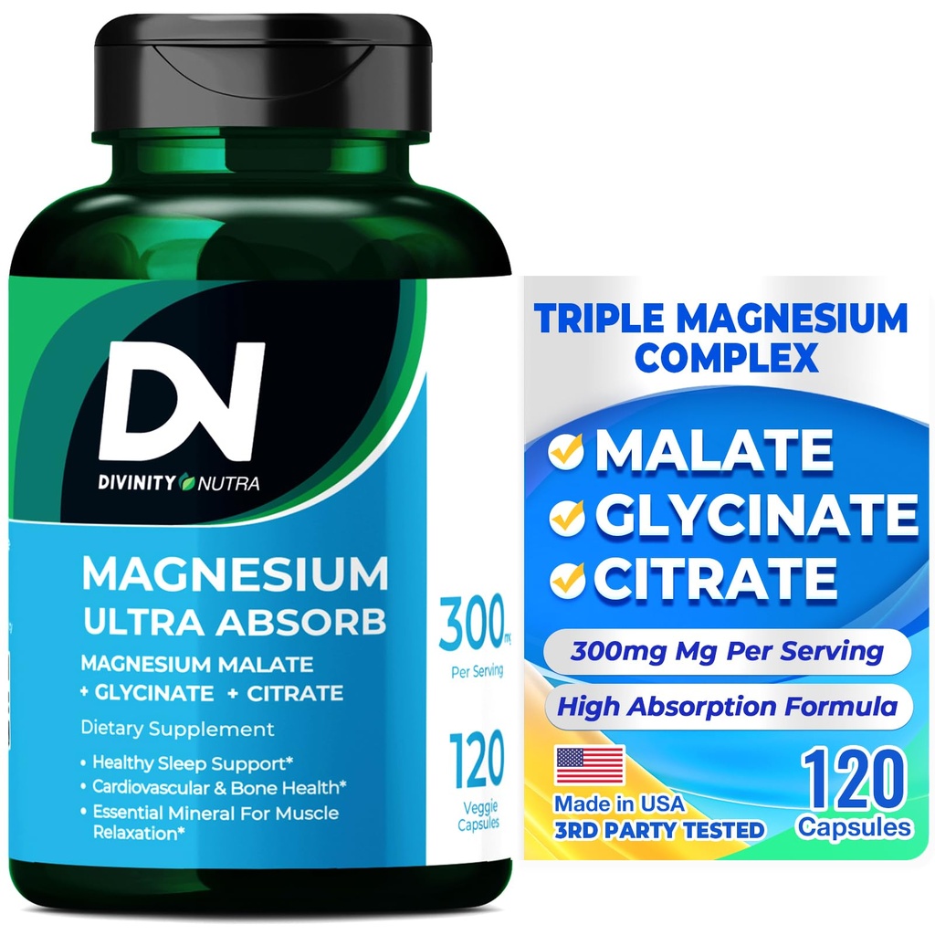 Divinity Nutra Triple Magnesium Complex Supplement, 300 mg magnesium Glycinatea, malaattia ja sitraattia lihaksille, hermoille, & energialle, korkealle imeytymiselle, 120 vegan-kapselia, ei GMO USA Valmistettu