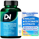 Divinity Nutra Triple Magnesium Complex Supplement, 300 mg magnesium Glycinatea, malaattia ja sitraattia lihaksille, hermoille, & energialle, korkealle imeytymiselle, 120 vegan-kapselia, ei GMO USA Valmistettu