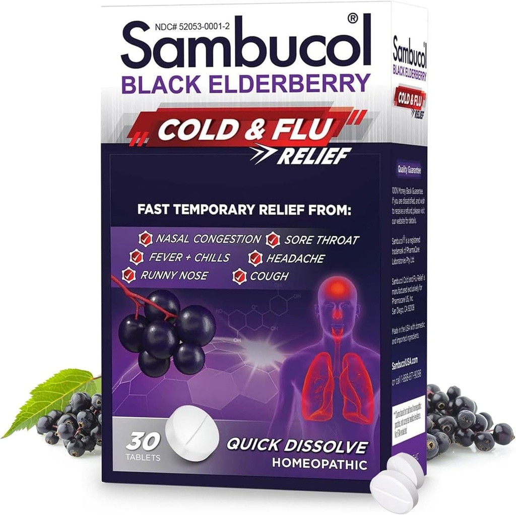 Sambucol Cold and Flu Relief Tablets - Homeopathic Cold Medicine, Remedy for Adults, Black Elderberry för Colds, Zink Remedy - 30 Count