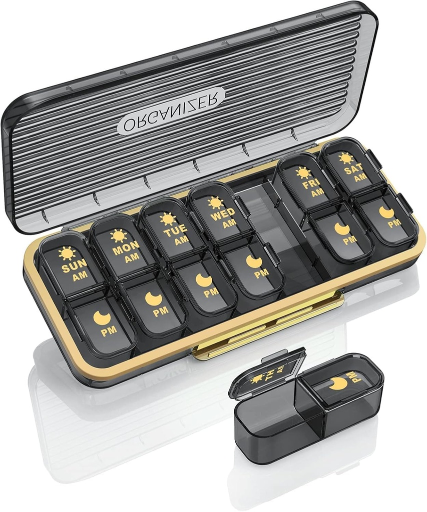 Pill Organizer 2 Kertaa päivässä, 7 päivää klo Pm pilleri Box - Acedada Viikoittain pilleri Organizer kahdesti päivässä, kannettava irrotettava päivittäinen lääkekontti Jakaja Asia vitamiini kalaöljy täydentää, musta harmaa