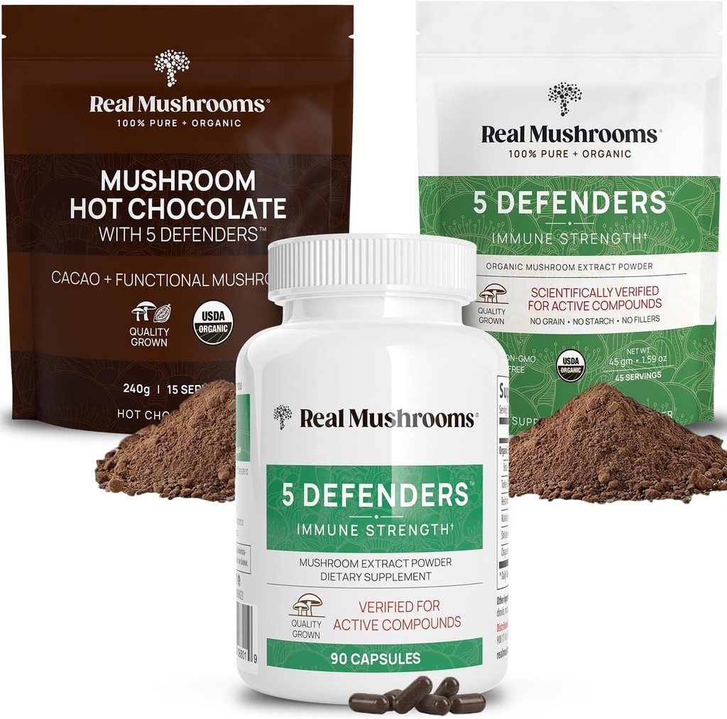 Real Mushrooms Hot Chocolate Mix (15srv), 5 Defenders Extract Powder (45srv), & 5 Defenders lisäravinteet (90ct) Bundle tukemaan immuniteettia ja yleistä hyvinvointia - Gluteeniton, ei-GMO, Vegan