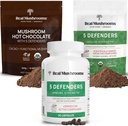 Real Mushrooms Hot Chocolate Mix (15srv), 5 Defenders Extract Powder (45srv), & 5 Defenders lisäravinteet (90ct) Bundle tukemaan immuniteettia ja yleistä hyvinvointia - Gluteeniton, ei-GMO, Vegan