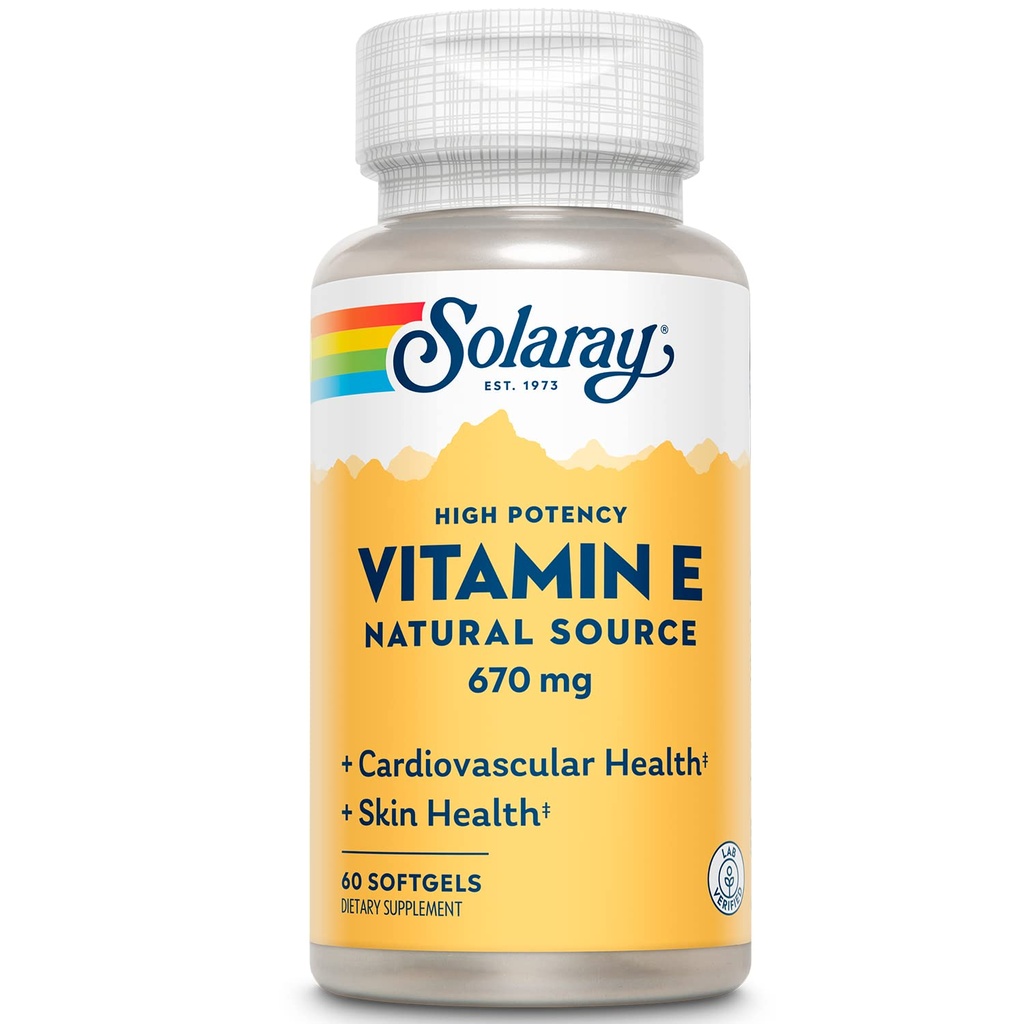 SOLARAY Vitamin E 1000 IE Softgel Capsules, 670 mg - d Alpha Tocopherol Vitamin E Supplements - Hudhälsa, Hjärtfunktion och Antioxidant Support - 60-dagars garanti - 60 portioner, 60 Softgels
