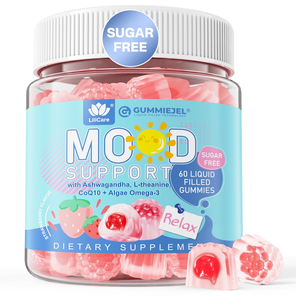 Ashwagandha Saffron Calm Gummies + Omega 3, L-Theanine & CoQ10 för kvinnor Män, Natural Calming Happy Relax Gummies för vuxna, Mood Support Supplement Gummy, Strawberry Flavor, Sugar Free, Vegan, 60ct