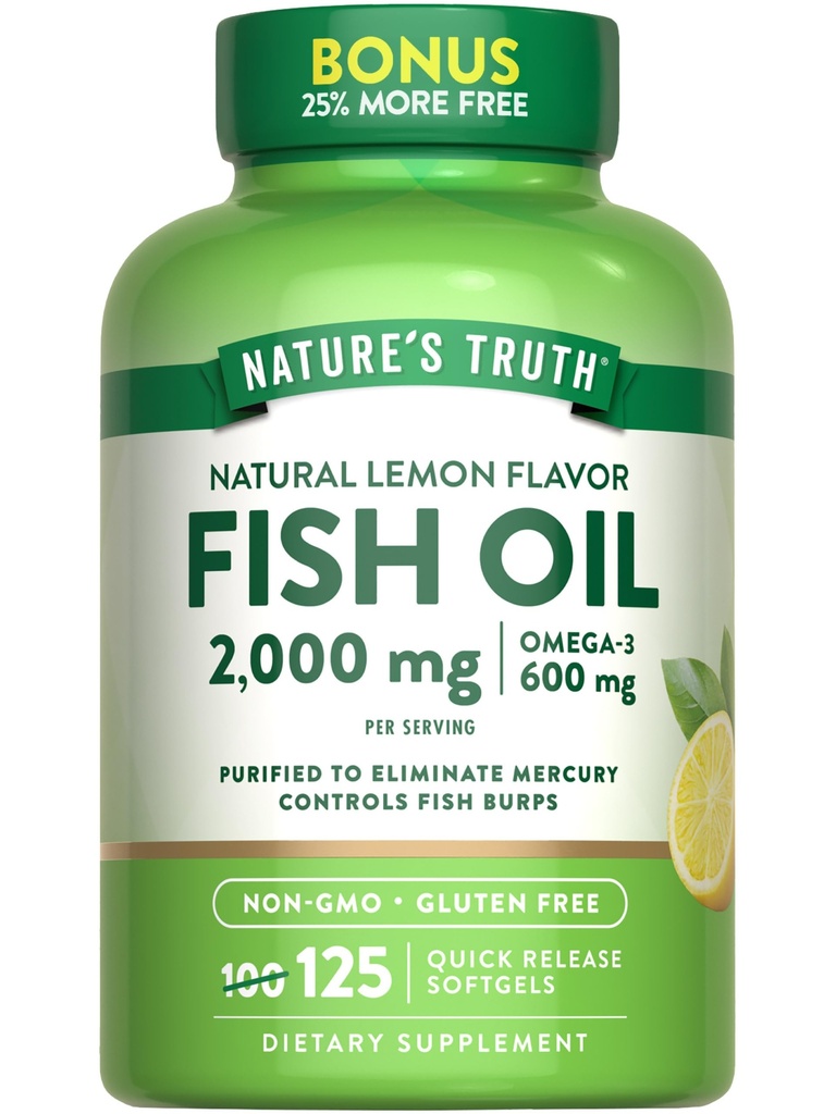 Naturens sanning Omega 3 Fish Oil 2000 mg | 125 Liquid Softgels | Burpless, Lemon Flavor Pills | Non-GMO och Gluten Free Supplement