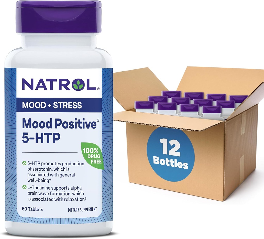 Natrol Mood positiivinen 5-HTP 50mg L-Theanine, B6-vitamiinia, B12-vitamiinia ja Folaattia, ravintolisä auttaa tukemaan positiivinen mieliala, 50 tablettia, 25-50 päivän tarjonta (pakkaus 12)