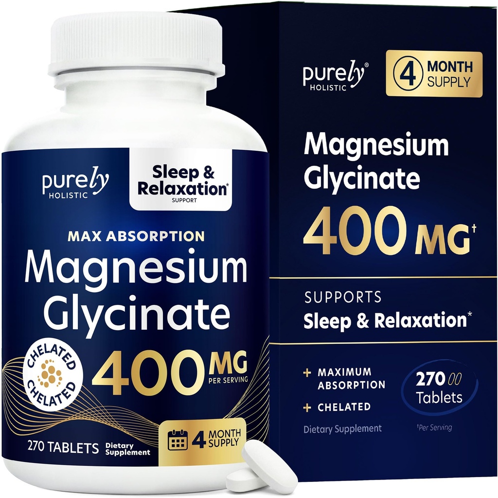 Magnesium Glycinate 400 mg - 270 Magnesiumtabletit (ei kapseleita) - 400 mg Elementaali Magnesium - Erittäin biologisesti saatavilla - Vegaani- ja kasvissyöjä - paremman unen, stressin ja kramppipuolustuksen hoitoon