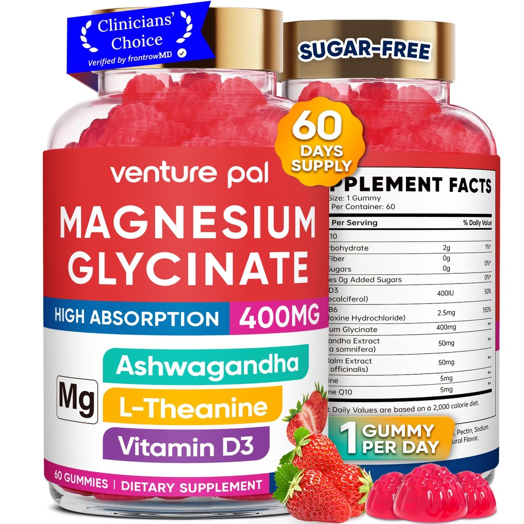 60 Day Supply Magnesium Glycinate 400 mg Gummies with Ashwagandha, L-Theanine, CoQ10, D3-vitamiini ja B6-sokeriton Magnesium Gummies for Adults & Kids, Stress Relief, Uni & Rauhallinen, Vegan, Gluteeniton
