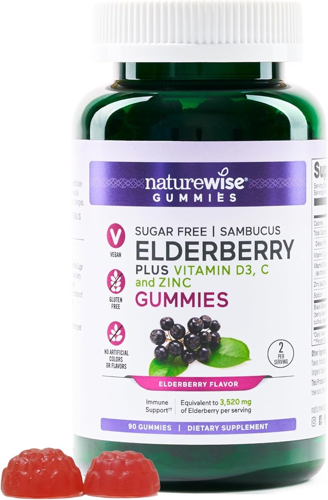 NatureWise Sambucus Elderberry Gummies - Sugar-Free - Daily Immune Support Supplement for Kids and Adults*, med vitamin C, D3, Zink - Vegan, Gluten Free, Non-GMO - 90 Count[45-Day Supply]