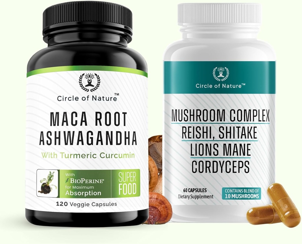 Maca Root Ashwagandha & Mushroom Suppliment innehåller Lions Mane, Cordyceps, Reshi, Shitake