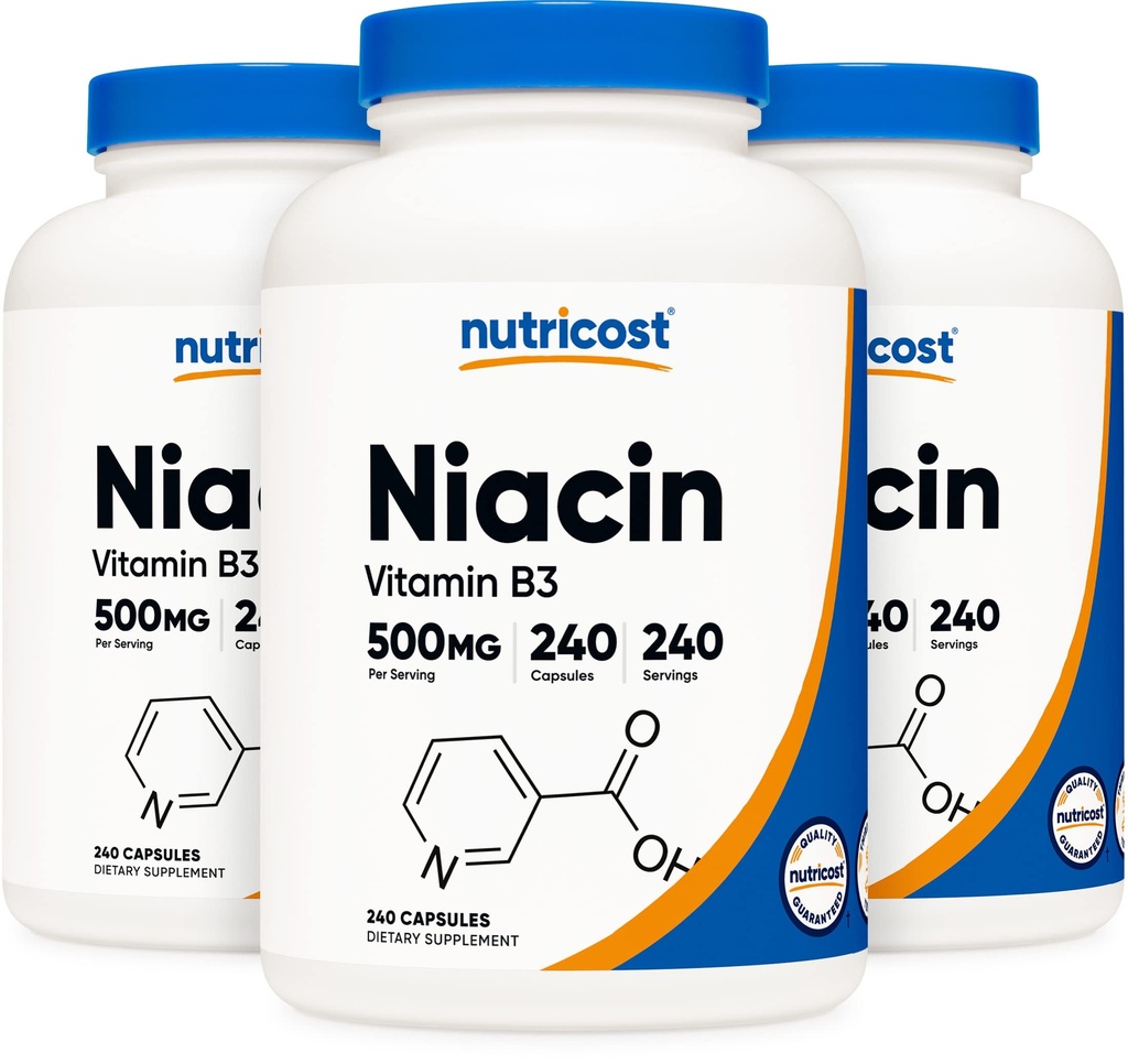 Nutricost Niacin (Vitamin B3) 500mg, 240 kapslar (3 flaskor) - Niacin Flush