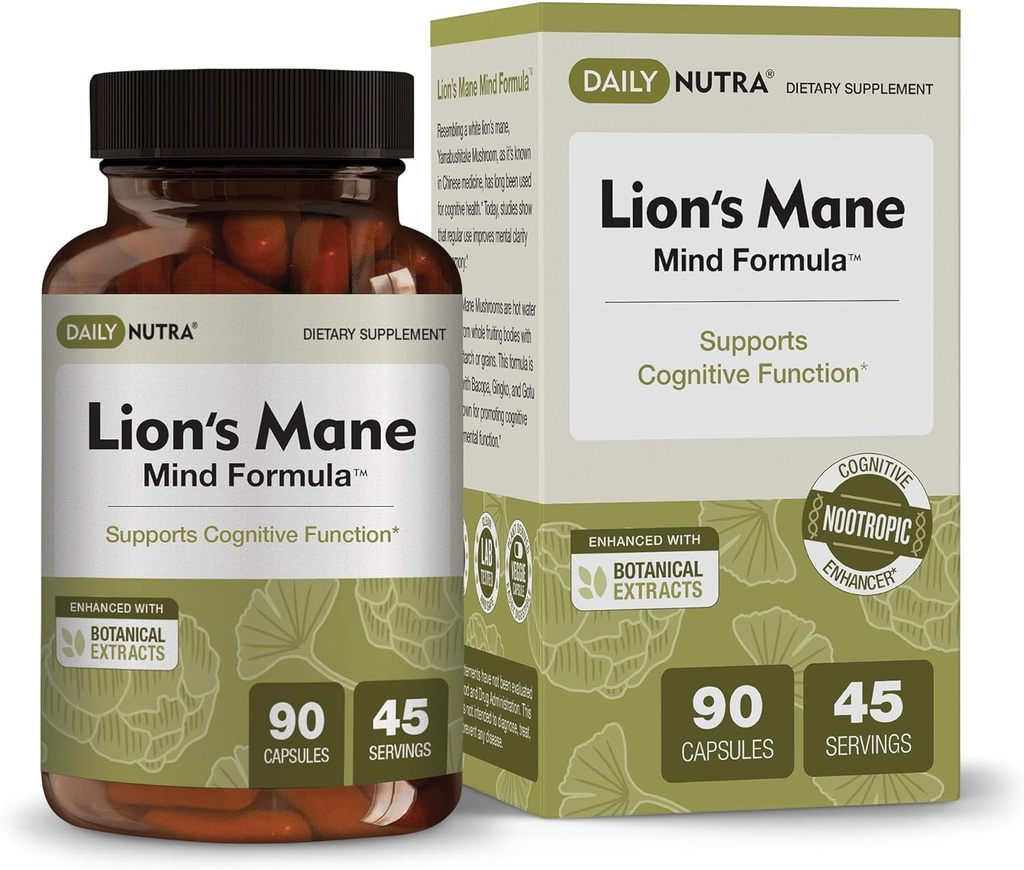 DailyNutra Lion Mane Mind Formula - Nootropic Supplement för kognitiv hjärnhälsa | Organisk svamp extrakt med Bacopa, Gingko och Gota Kola (90 kapslar)