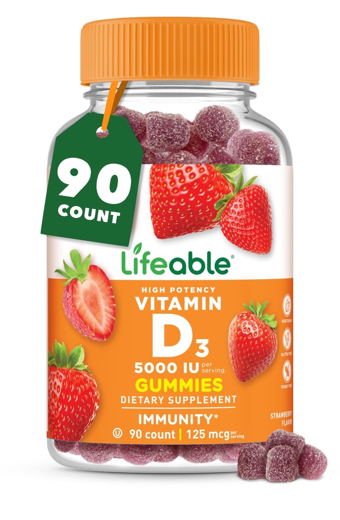 Vitamin D Gummies för vuxna | 5000 IE | Great Tasting D3 Vitamin | Immune Support och Healthy Bones Vitamin D Supplement för män, kvinnor | 90 Gummies | Livlig