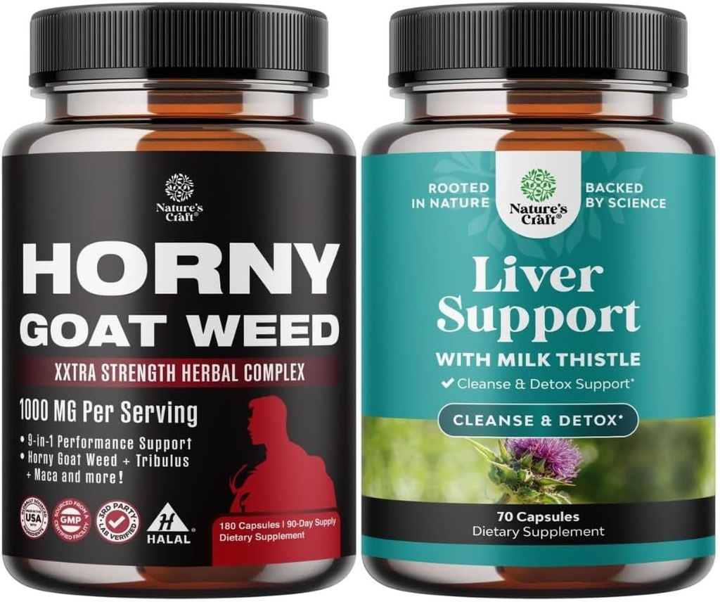 Bundle of Horny Goat Weed for Men - Extra Strength Mies Supplement for Stamina & Energy and Liver Cleanse Detox & Repair - Silymarin Milk Thistle with Dandelion Root Choline Beetroot Artisoke Extract
