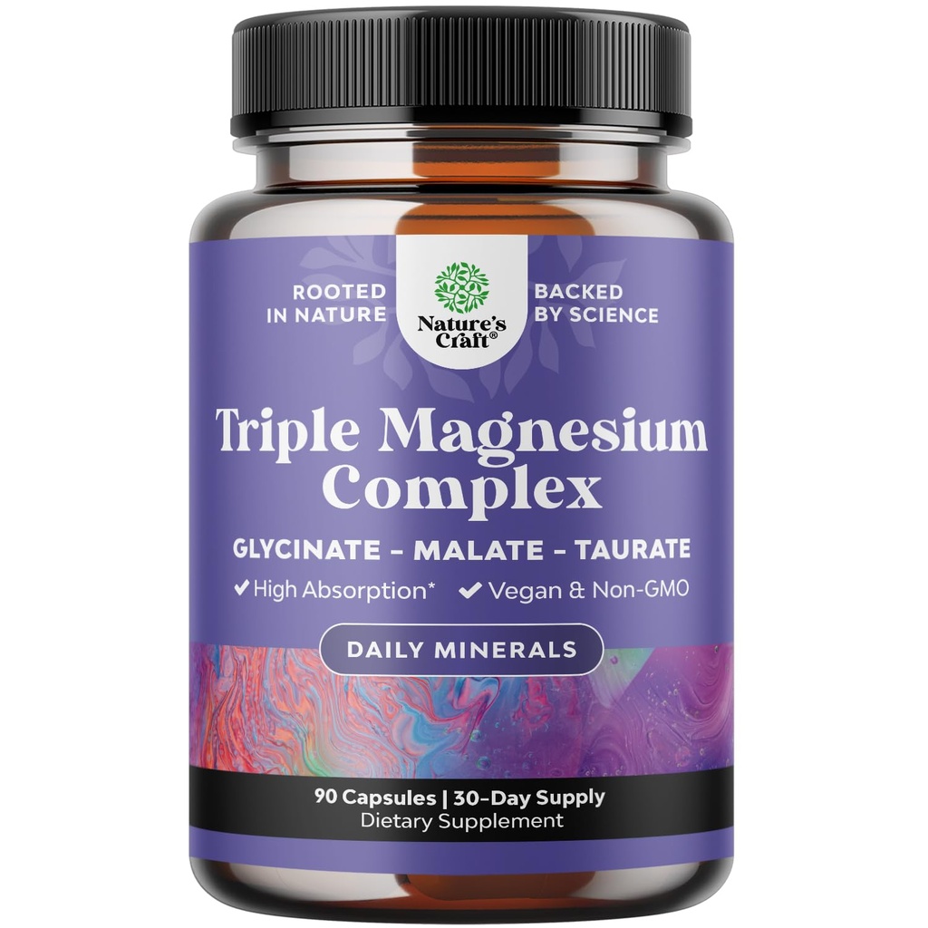 Triple Magnesium Complex Supplement Elemental - suuri imeytyminen Magnesium Taurate ja Glycinate Plus Malate Blend unilääke luuhun ja enemmän - Non GMO Vegan 90CT