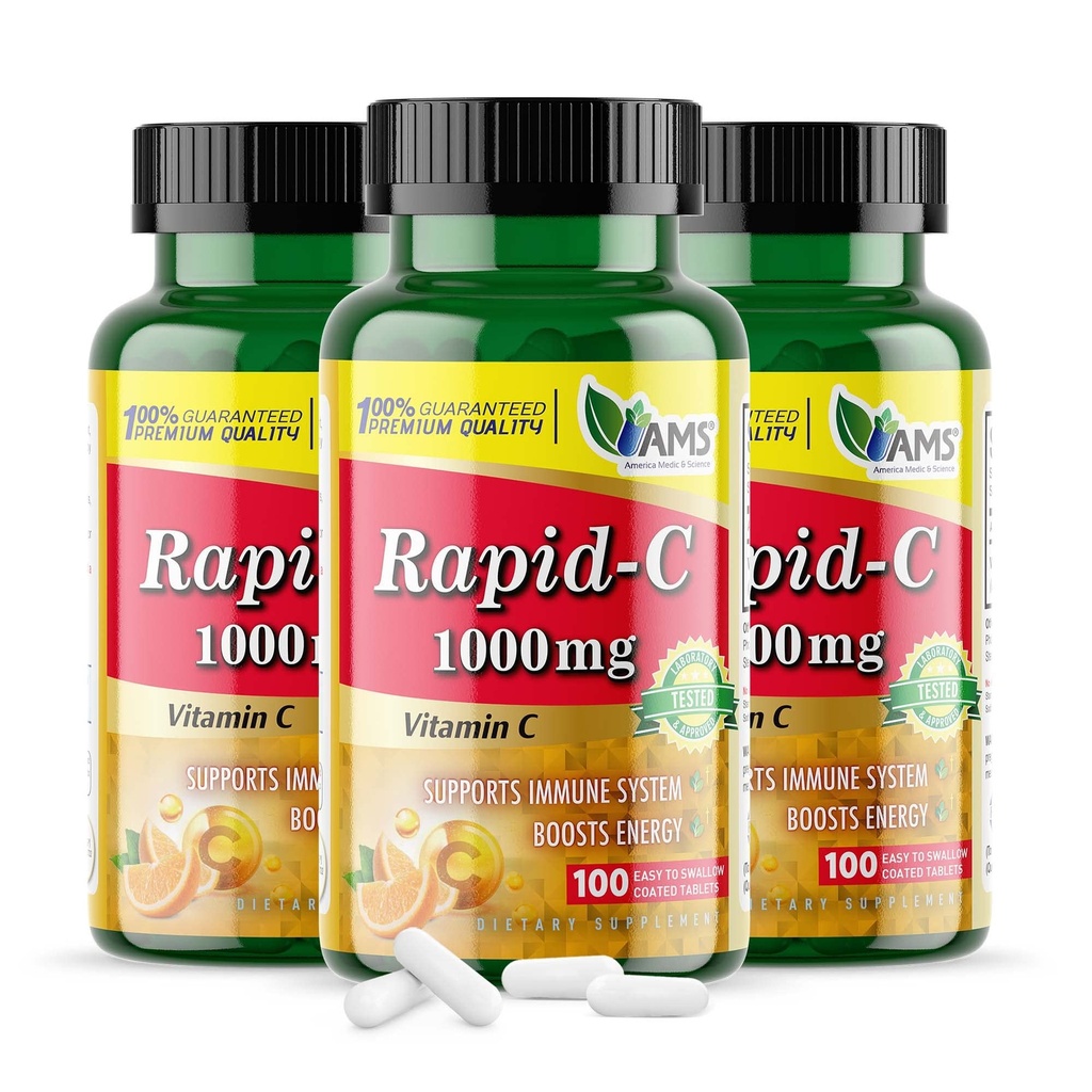 America Medic & Science Rapid-C 1000 mg C-vitamiinin täydentää (3 pakkaus 100 tablettia) Energy Booster, Päivittäinen immuunijärjestelmän tuki, antioksidantti ... Vegaani, GMO päällystetty askorbiinihappo aikuisille miehille ja naisille