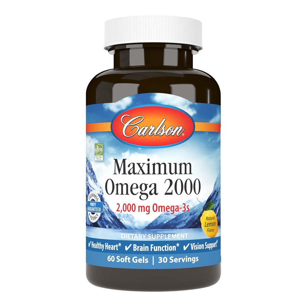 Carlson - Maximum Omega 2000, 2000 mg Omega-3 rasvahapot mukaan lukien EPA ja DHA, Wild-Caught, Norwegian Fish Oil Supplement, kestävästi lähdetty kalaöljy kapselit, sitruuna, 60 Softgels