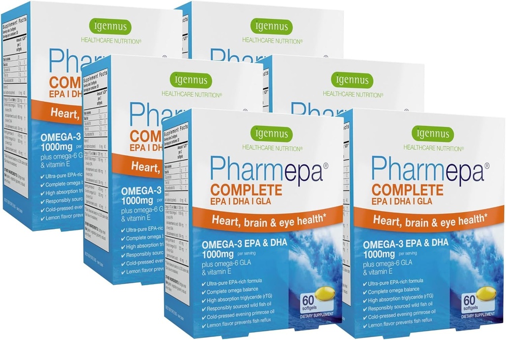 Igennus Pharmepa Complete EPA 668mg & DHA 334mg Omega-3 rasvahapot 1000mg, IFOS Certified, rTG Form, High Potency Fish Oil Plus Omega-6 & 9 alkaen GLA Evening Primrose Oil, Lemon Flavor, 360 Softgels