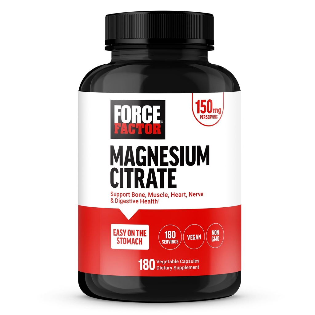 Force Factor Magnesiumsitraatti, Magnesium Supplement naisille ja miehille tukemaan luuta, lihasten, hermojen, digestio, ja sydämen terveys, helppo vatsa, vegaaninen, 6-kuukautinen tarjonta, 180 kapselia