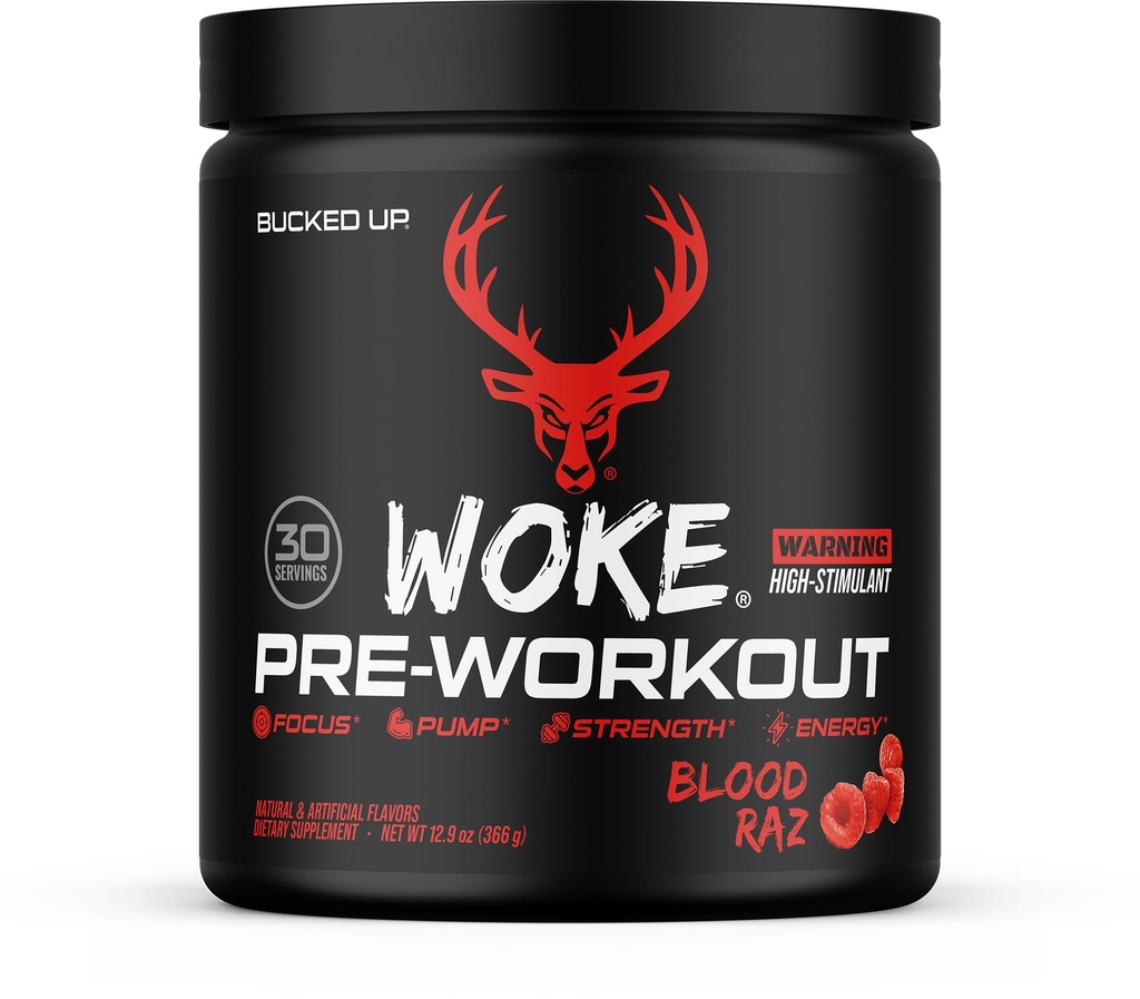 Bucked Up - Woke - HIGH STIM Pre Workout - Bästa smak - Fokus Nootropic, Pump, Styrka och tillväxt, 30 portioner (Blood Raz)