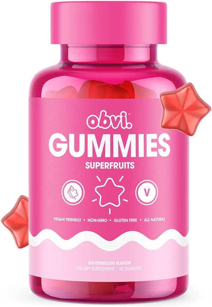 Obvi Superfruit Gummies | Vegan Multivitamin, stöder hälsosam Collagen Production för glödande hud, antioxidant och vitaminer för immunhälsa | Non-GMO, Gluten-Free | Vattenmelon smak, 60 Gummies