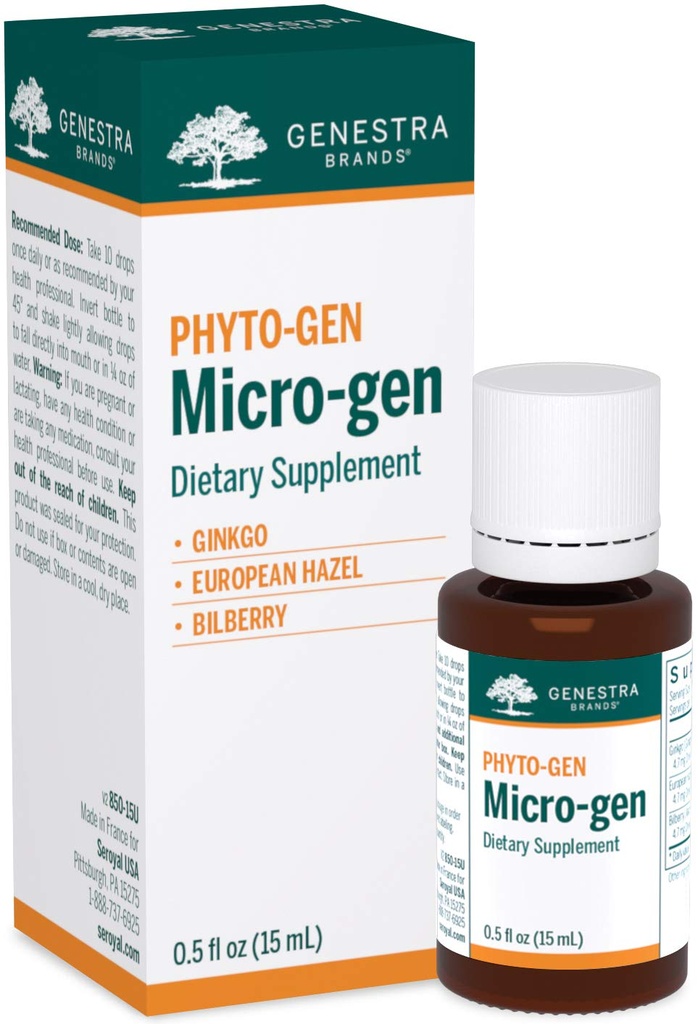 Genestra Brands Micro-gen | Gingko, European Hazel och Bilberry Herbal Supplement | 0,5 fl. oz.