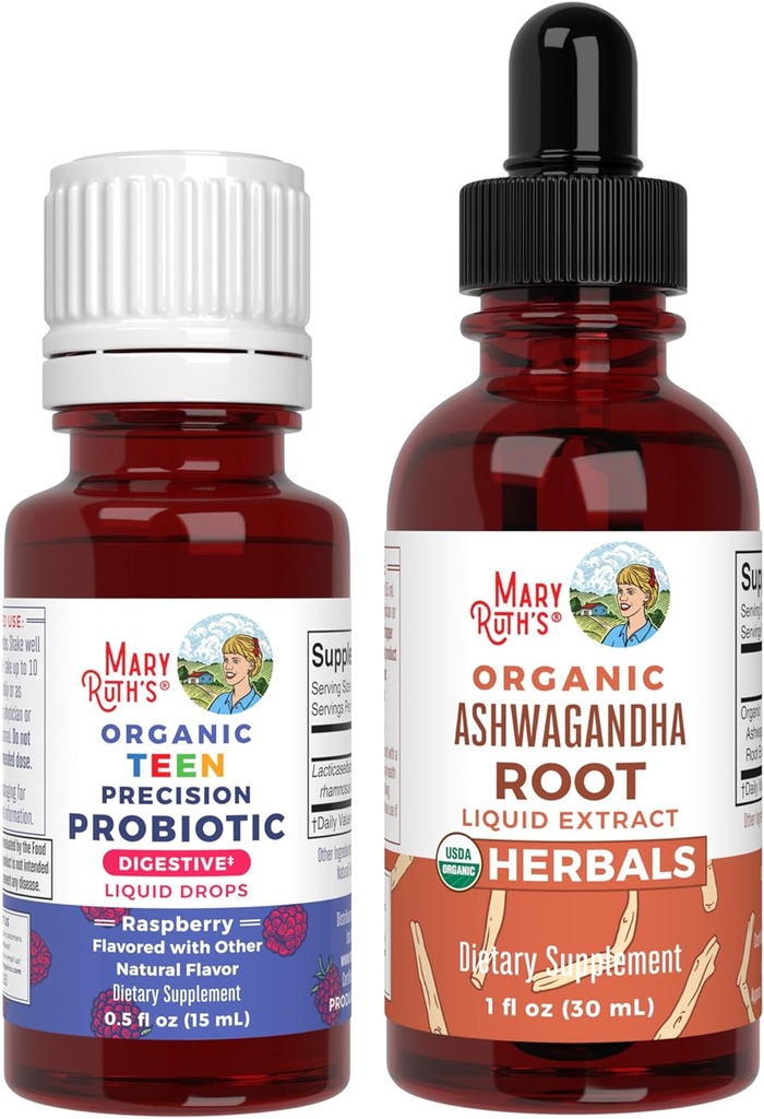 MaryRuth Organics Precision Probiootti Drops for Teens (Vadelma) & Ashwagandha Drops ... USDA Organic Vitamiinit Gut Health, rentoutuminen, & Yleinen hyvinvointi Vegaani, ei-GMO, gluteeniton