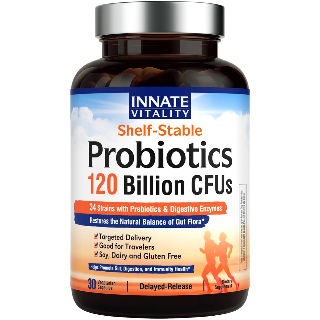 Innate Vitality Probiotics 120 miljarder CFU: er för män och kvinnor, 34 stammar med prebiotika & Digestive Enzymes, Immune & Digestive Health, Delayed Release, Shelf Stable, 30 Vegan Capsules