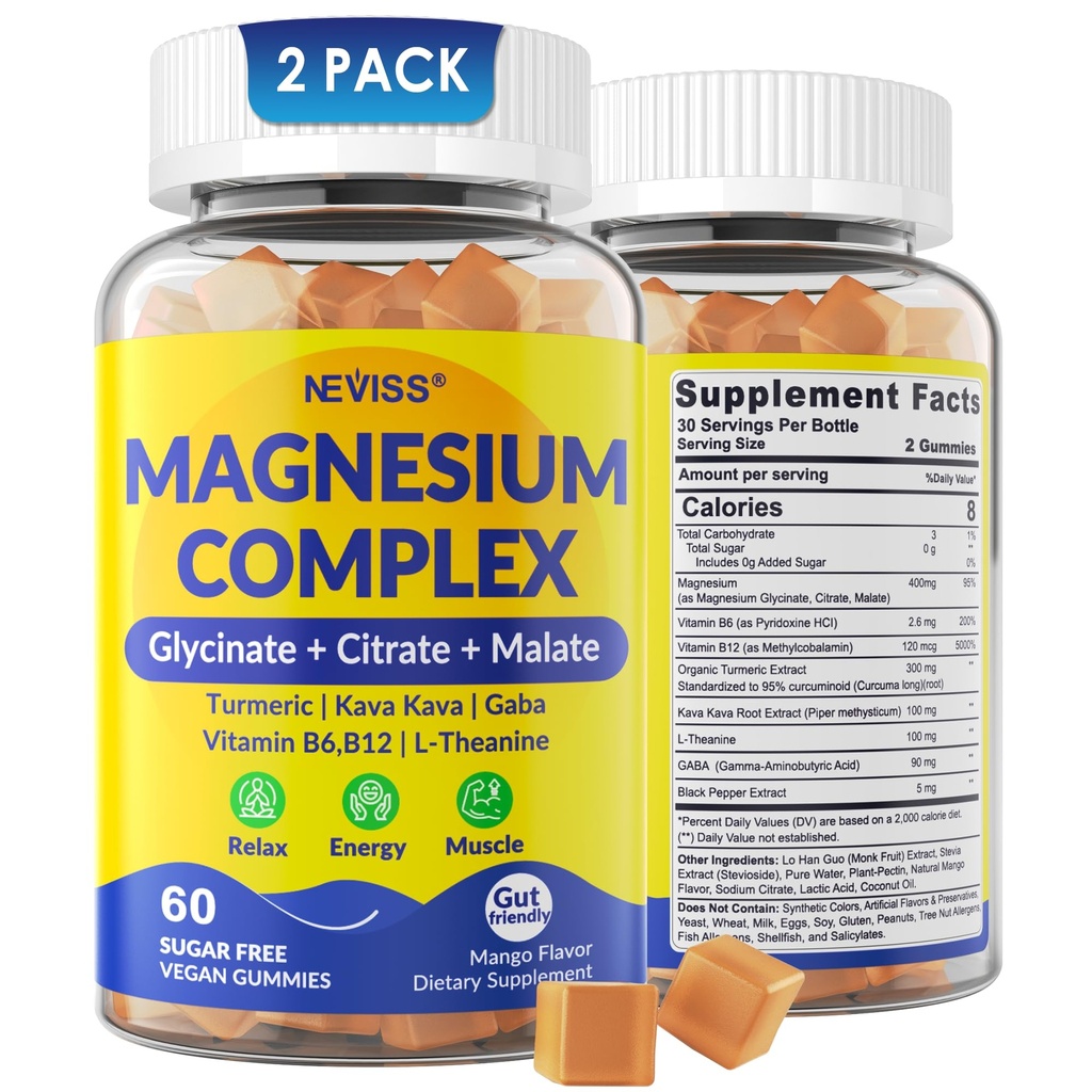 Magnesium Complex Gummies 400mg, Magneisum Glycinate Citrate Malate + Turmeric, GABA, B6 B12, Kava Kava, L-Theanine för sömn, lugn, avkoppling, energi, magnesium Gummies för kvinnor män, Vegan, 2 Pack