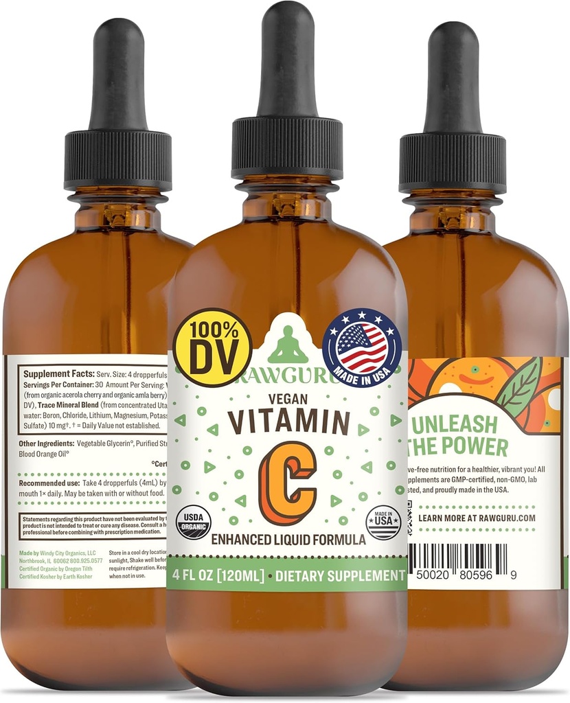 RawGuru Organic C-vitamiini Tincture - Liquid C-vitamiinin kanssa Trace Minerals - Nano-Processed Antioxidantti & Immuno Support Supplement Tincture - 30 tarjoilut Vegan Drops per 120 ml, pakkaus 1