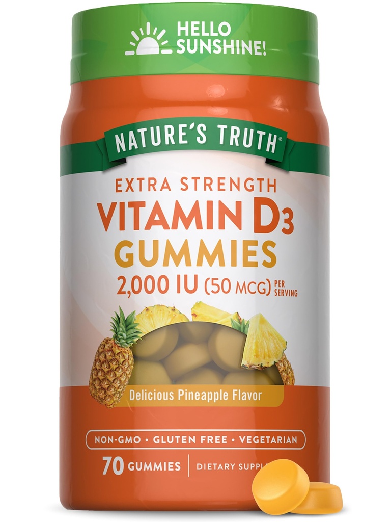Naturens sannings vitamin D3 Gummies | 2000 IE | 70 greve | Pineapple smak | Vegetarisk, icke-GMO och Gluten fri tillägg