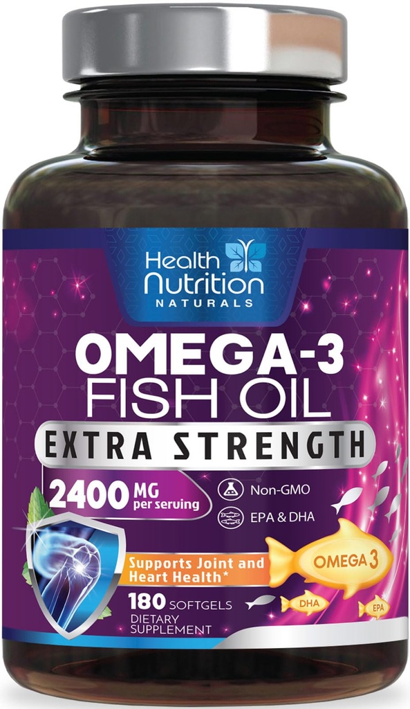 Omega 3 Fiskolja 2400 mg - Triple Strength Omega3, EPA & DHA Fatty Acids Supplement - Naturligt stöd för immun, hjärta och hjärnhälsa - Vild fångad, icke-GMO, citron smak, Burpless - 180 Softgels