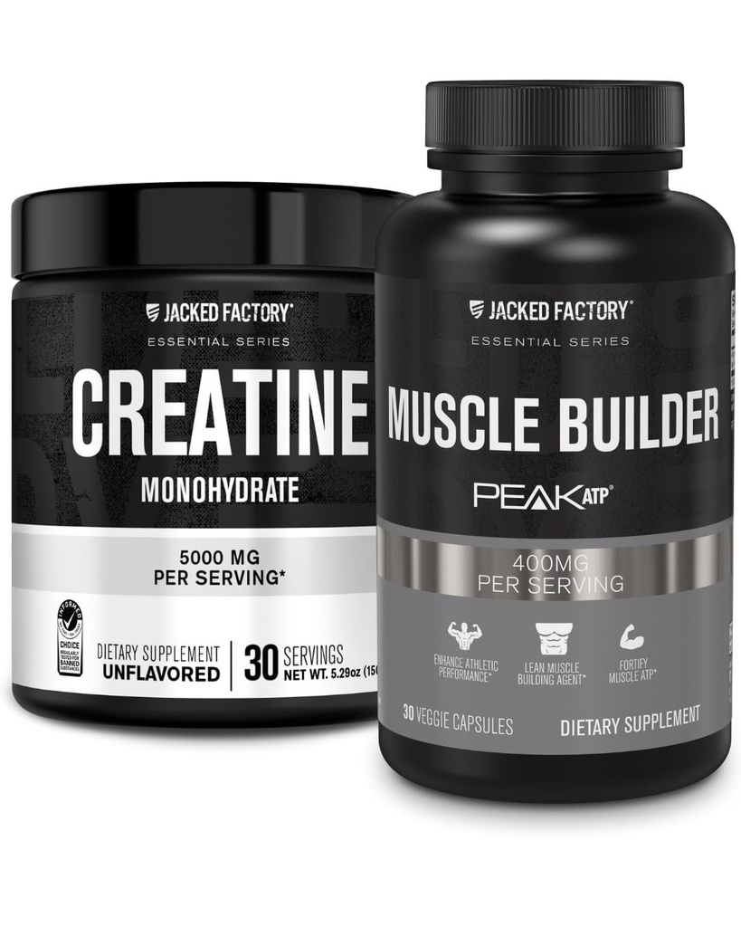 Jacked Factory Creatiini Monohydraatti Powder 150g - Creatiini täydentää lihasten kasvua, lisääntynyt vahvuus ja Essentials Lihas Builder - Päivittäinen Lihas rakentaja PeakATP (30 kapselia)