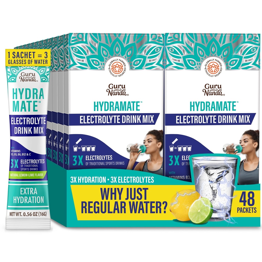 GuruNanda Hydramate Hydration Support Drink Mix - Electrolyte Powder Packets för uttorkning, träning och energi - Inga tillsatta sötningsmedel, icke-GMO, Natural Lemon Lime Flavor - 48 Count (0,56 uns vardera)