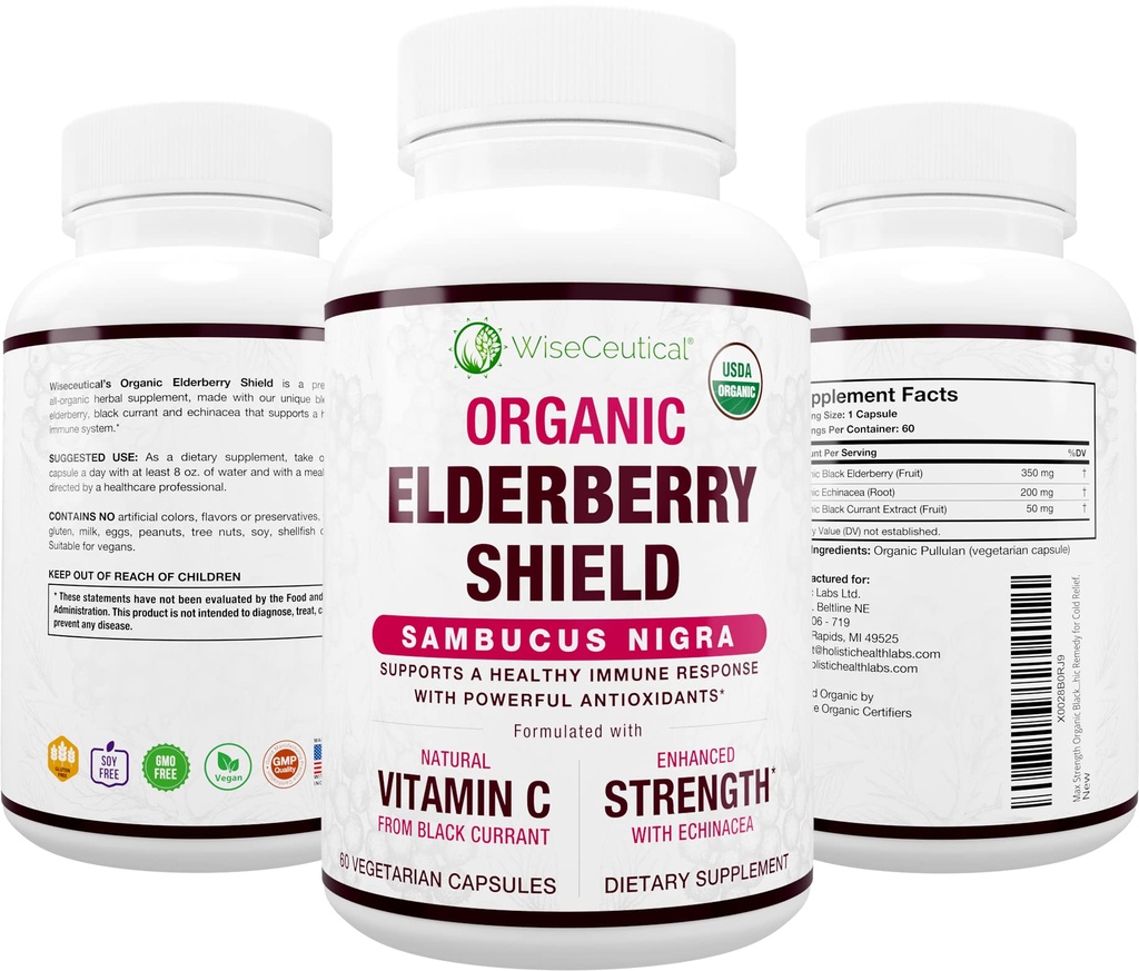Max Strength USDA Organic Black Elderberry, Black Currant Extract & Echinacea 3 in 1 Natural Immuunituki & C-vitamiini ...