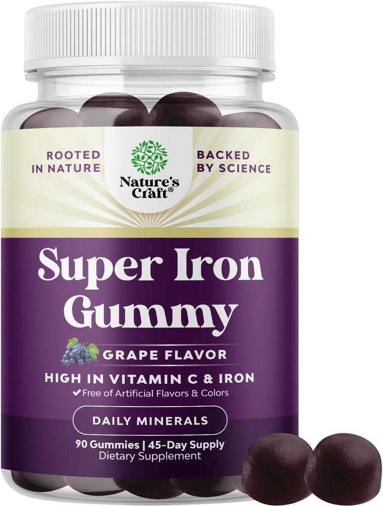 Extra Strength Iron Gummies naisille ja miehille - Potent 45 mg per Tarjoilu purutabletti täydentää naisille ja miehille C-vitamiinia suurempi Imeytyminen - Vegaani päivittäin Iron Gummy Ei Keinotekoisia makuja