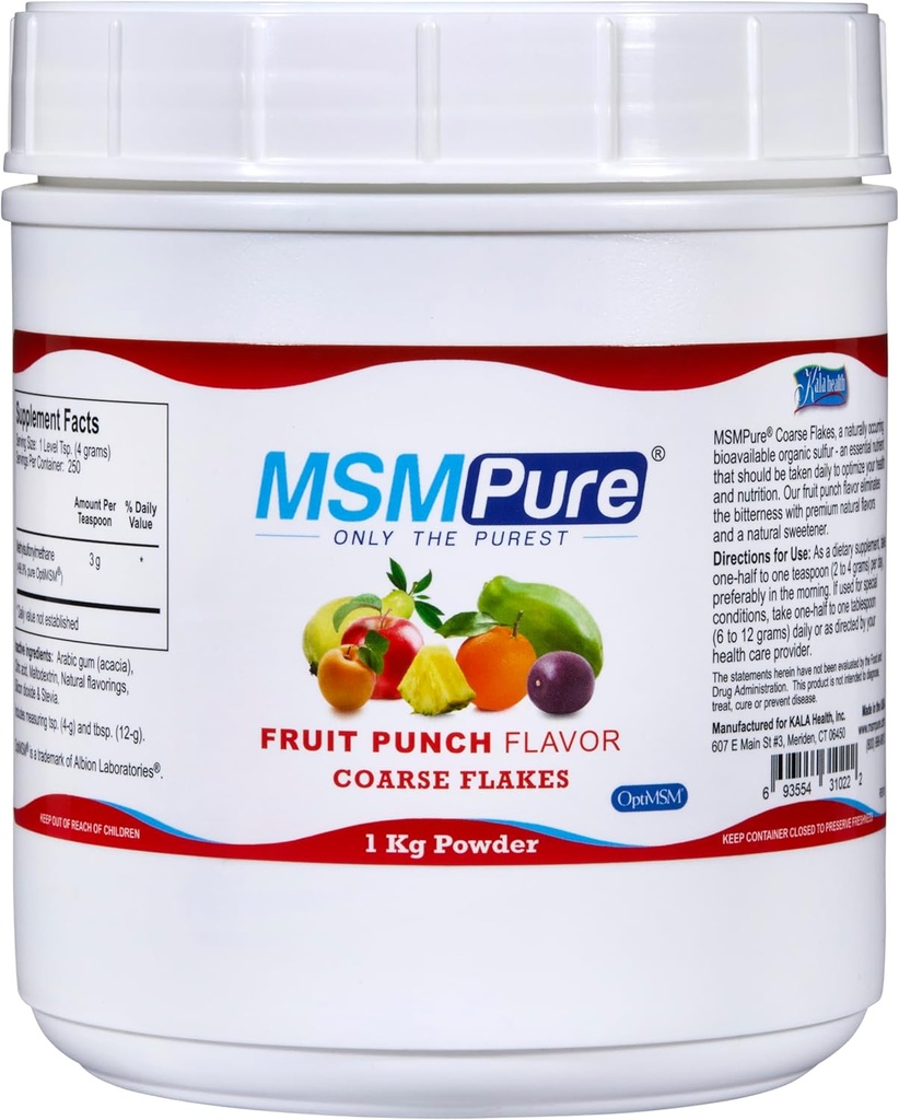 KALA HEALTH MSMPure Fruit Punch smaksatt grov MSM Powder Flakes - USA-Made MSM för gemensam hälsa, hudutseende och hår och nagelstöd - 2,2 lb, organisk svavel